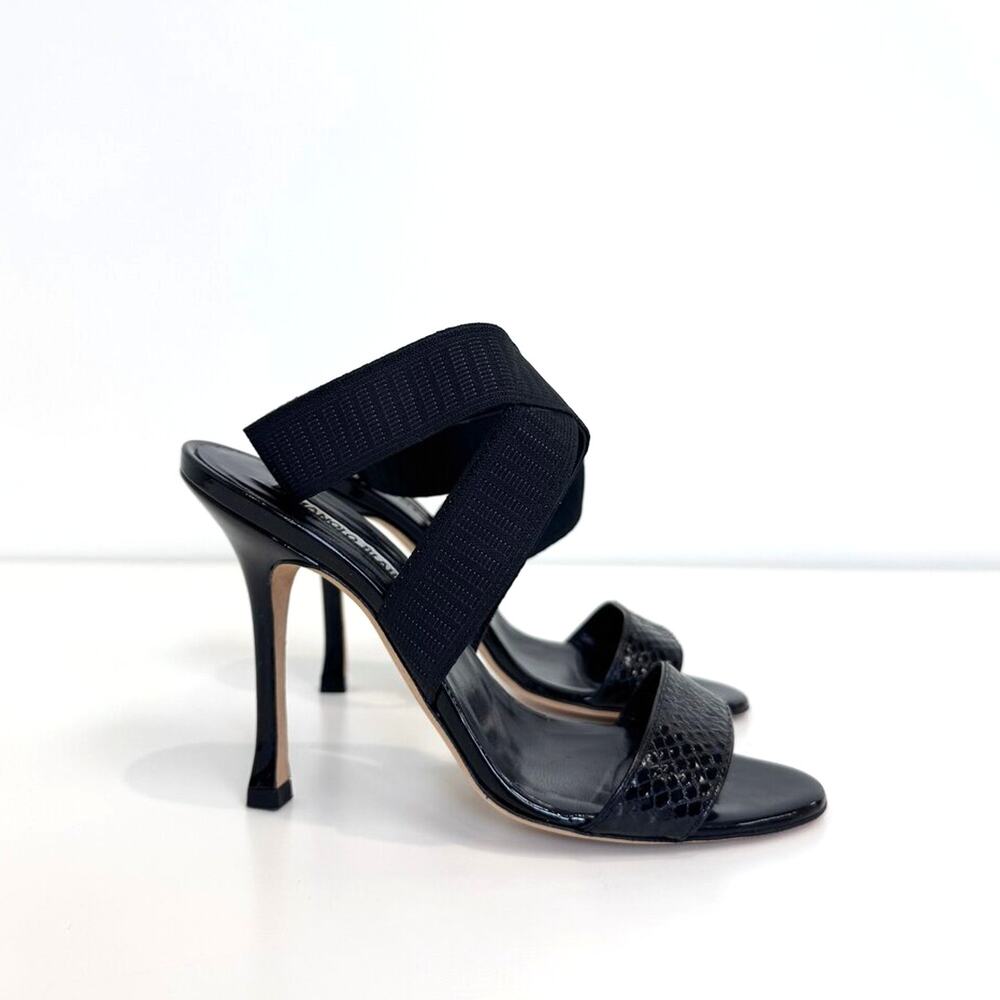 MANOLO BLAHNIK Black Elastic and Snakeskin Strappy Sandal Heels 36 NEW Stilleto